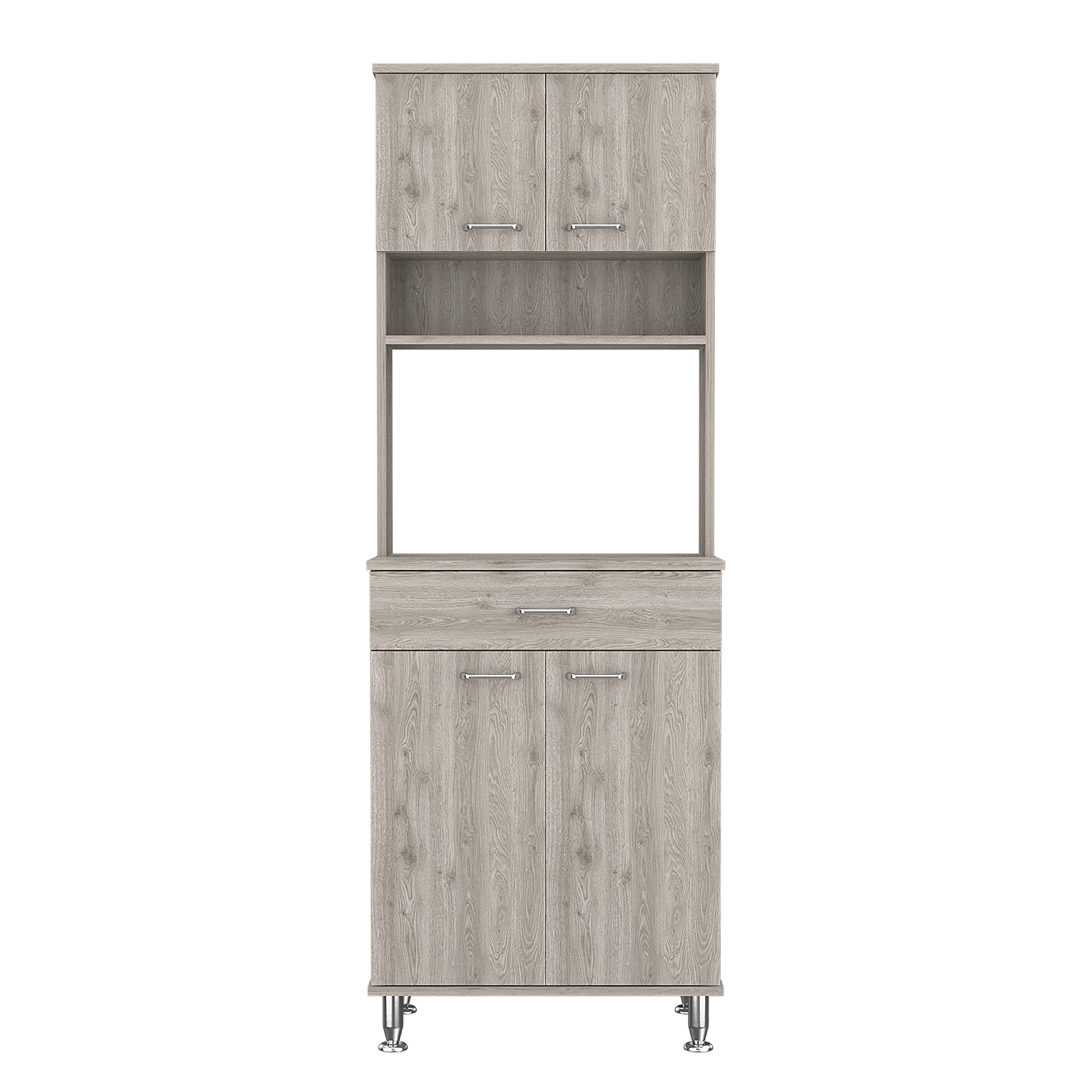 Modern Light Gray Bay Area Pantry with 2 Double Door Cabinets, Drawer & 2 Open Shelves - Sturdy 4 Metal Legs Storage Solution for Kitchen, Dining Room or Small Space Organization