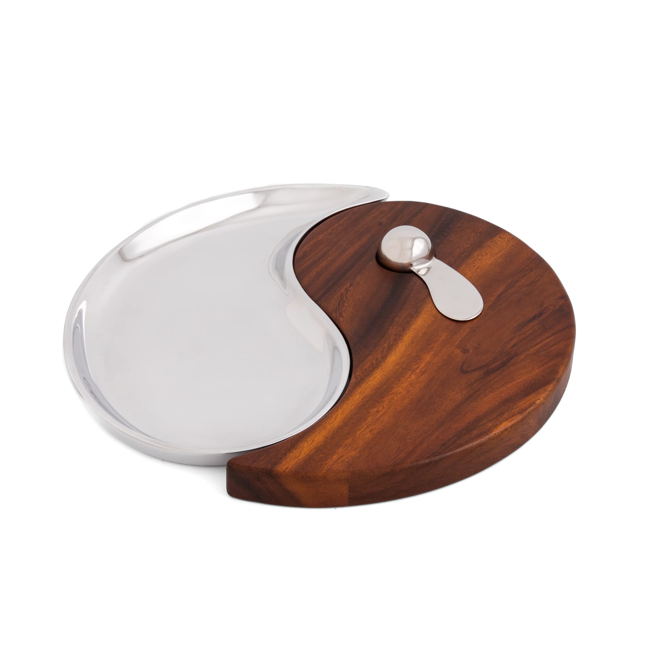Nambe Yin Yang Cheese Board with Spreader Set - Acacia Wood & Metal Alloy Charcuterie Board - Perfect for Entertaining, Housewarming Gifts, Weddings, Anniversaries & Birthdays (13-Inch) - Elegant Serving Tray for Cheese, Charcuterie & Appetizers