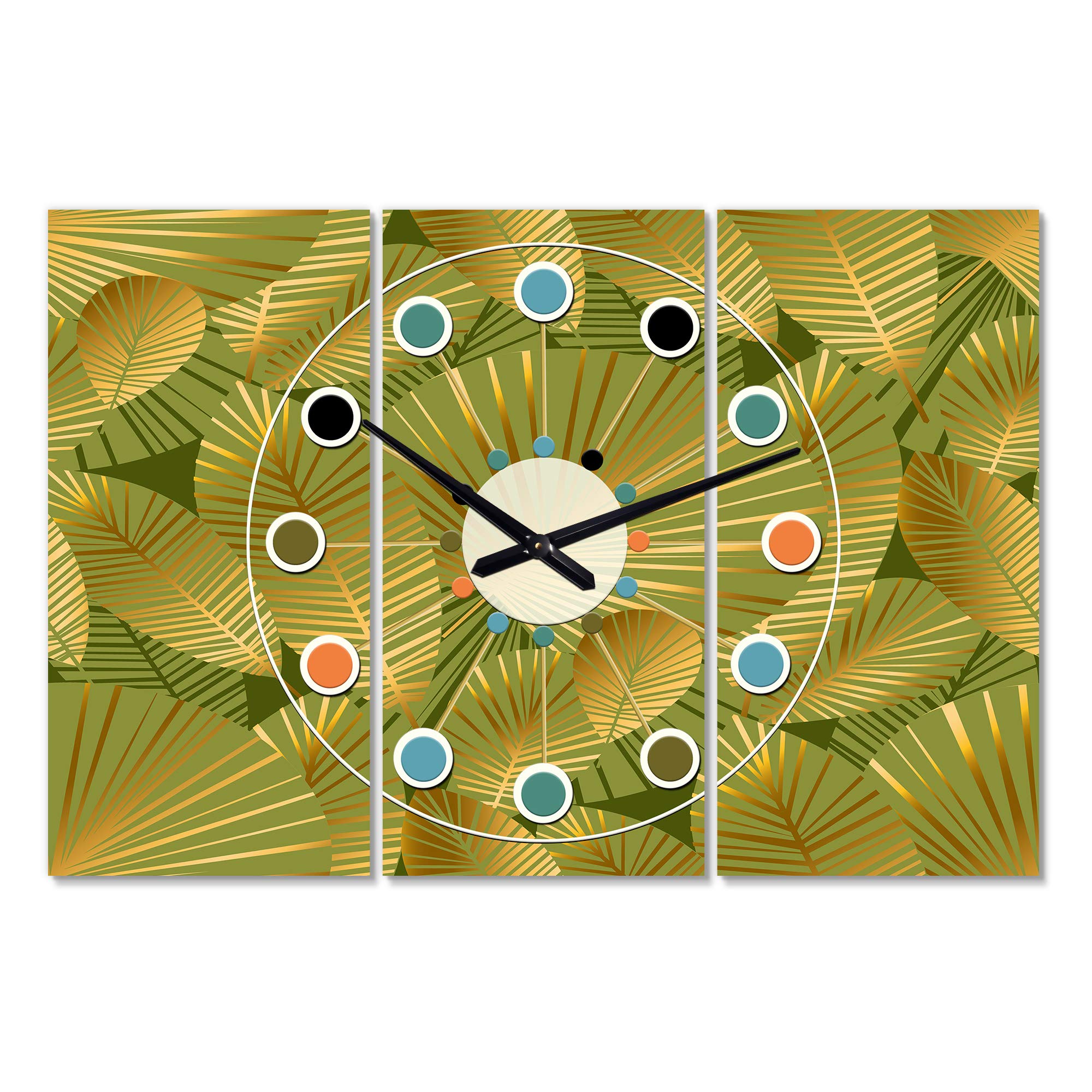 Designart Golden Leaves I Mid-Century Modern 3 Panel Wall Clock - Metal Wall Art Decor for Living Room, Bedroom, Office | Home & Office Decorations | Perfect for Modern Interiors & Gift Giving