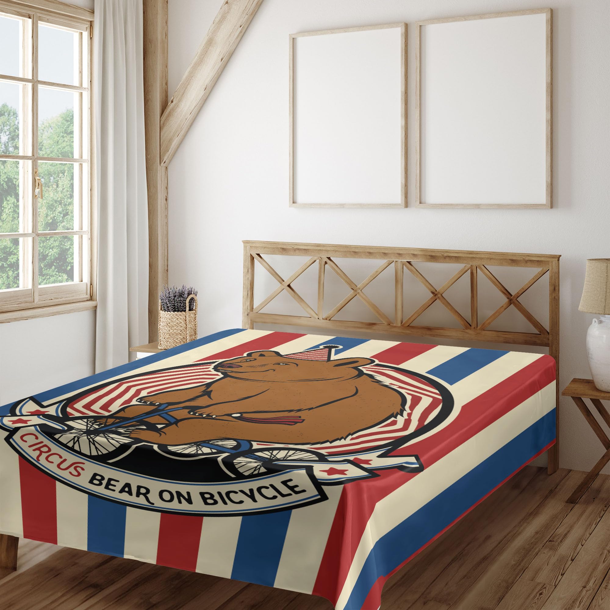 Ambesonne Bear Flat Sheet - Full Size Circus Animal Bicycle Carnival Theme Bedding, Soft & Comfortable Decorative Top Sheet (1 Piece, Ruby Blue Brown) - Perfect for Kids' Rooms, Themed Bedrooms & Unique Home Decor