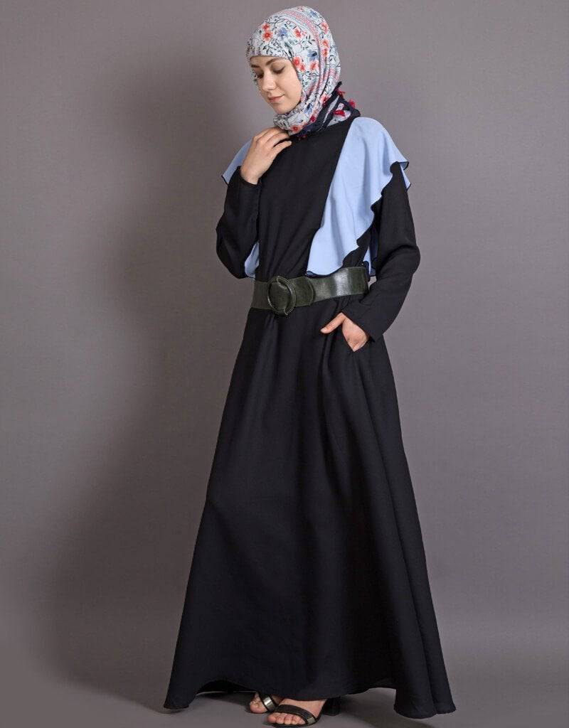 Stylish Arabic Frill Abaya for Women - Casual Daily Wear Sky Blue & Black - Perfect for College, Work, and Special Occasions