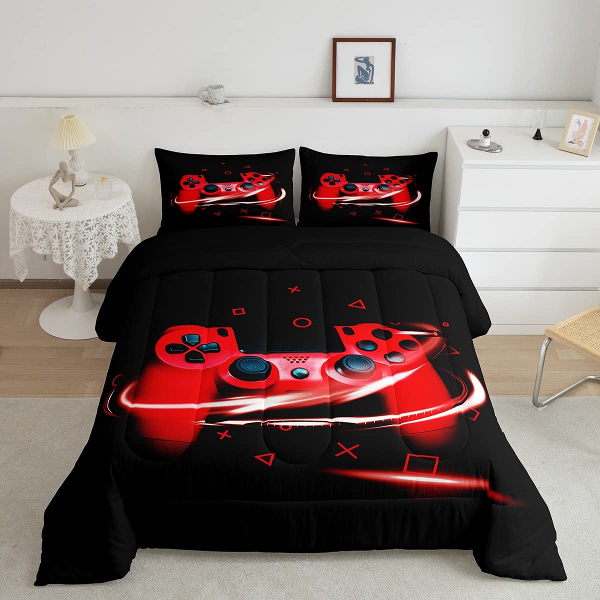 Feelyou Gaming Bedding Set for Kids & Teens - Video Game Controller Duvet Cover with Geometric Grid Triangle Circle Design - 2PC Twin Size Comforter Set in Black & Red - Perfect for Gamer Bedrooms & Sleepovers