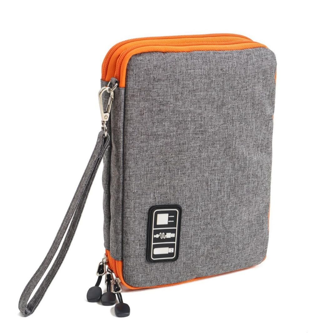 Universal Double Layer Travel Electronics Organizer Case - Portable Cable Management Bag with Carrying Strap for Phone Chargers & Accessories (Grey/Orange) - Perfect for Business Trips, Vacations & Daily Commute