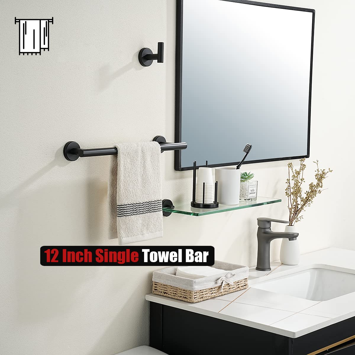12 Inch Matte Black Towel Bar - 304 Stainless Steel Heavy Duty 0.8mm Thick Bathroom Towel Holder - Wall Mounted Hand Towel Rack for Bathroom, Kitchen, Laundry Room (Total Length 15 Inch) TB110L12-PB