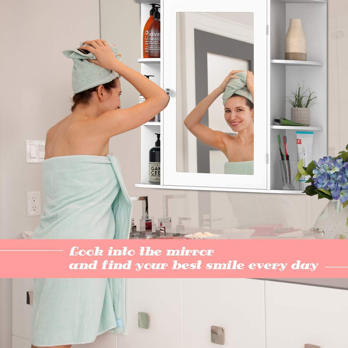 Casart Wall Mounted Bathroom Cabinet with Mirror - Single Door Medicine Cabinet with 4-Tier Adjustable Shelves - Perfect for Bathroom Storage, Makeup Vanity & Small Space Organization