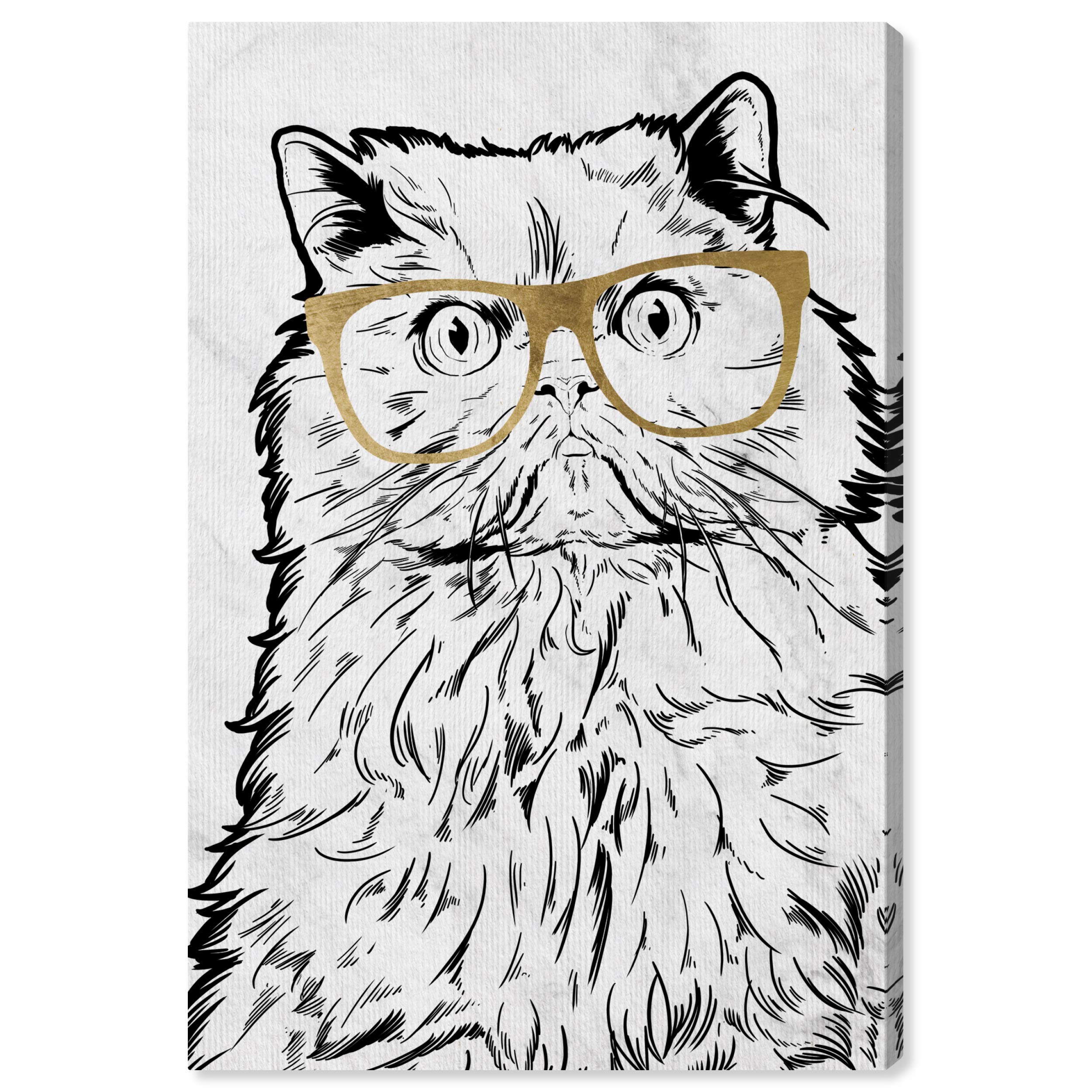 Cat with Gold Glasses Wall Art Canvas Print - 36x54 Inches Black & White Animal Painting - Perfect for Living Room, Bedroom or Office Decor