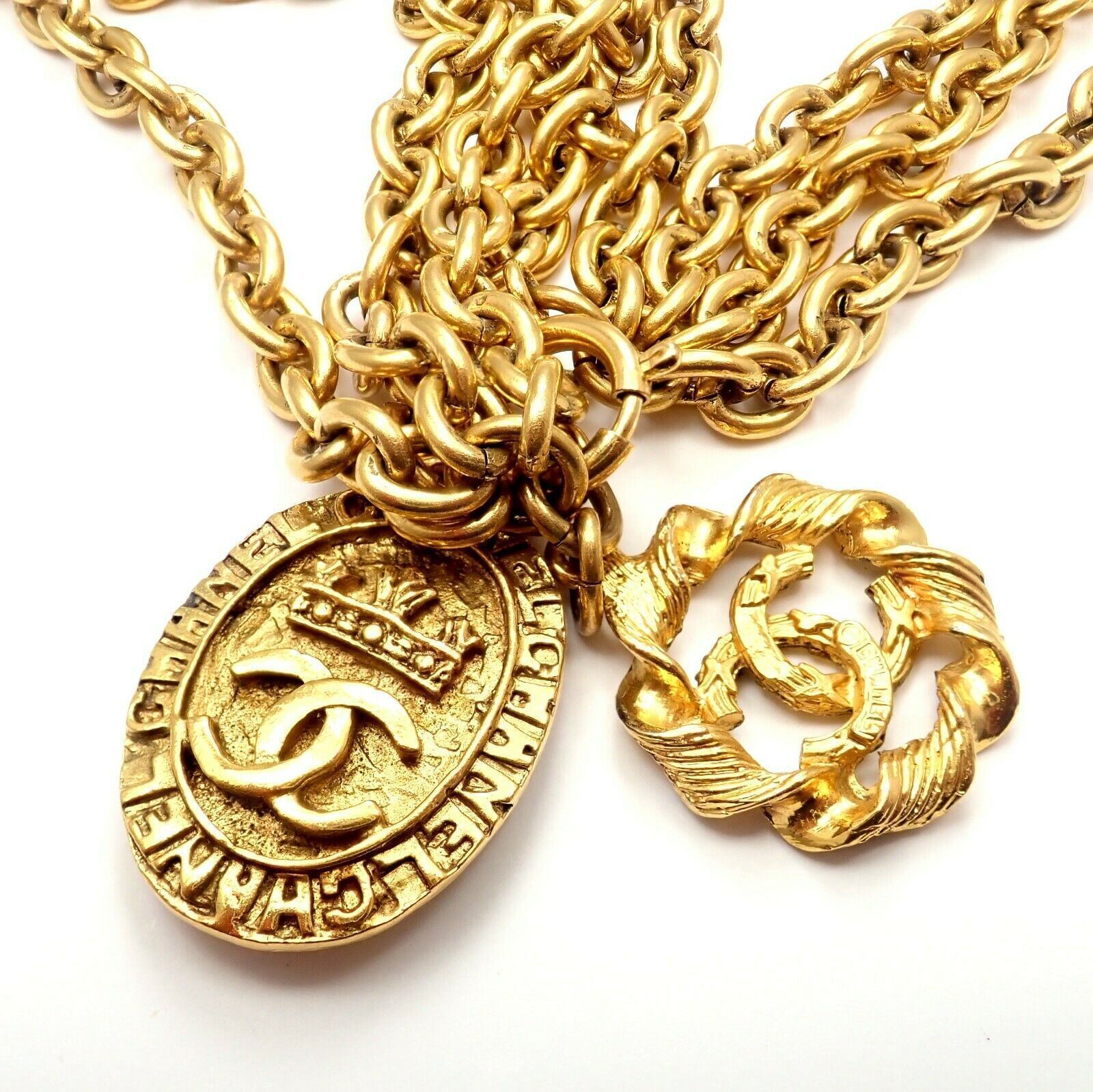 Authentic Chanel Gold Tone 3 Row Draped Clasp Belt Necklace 34
