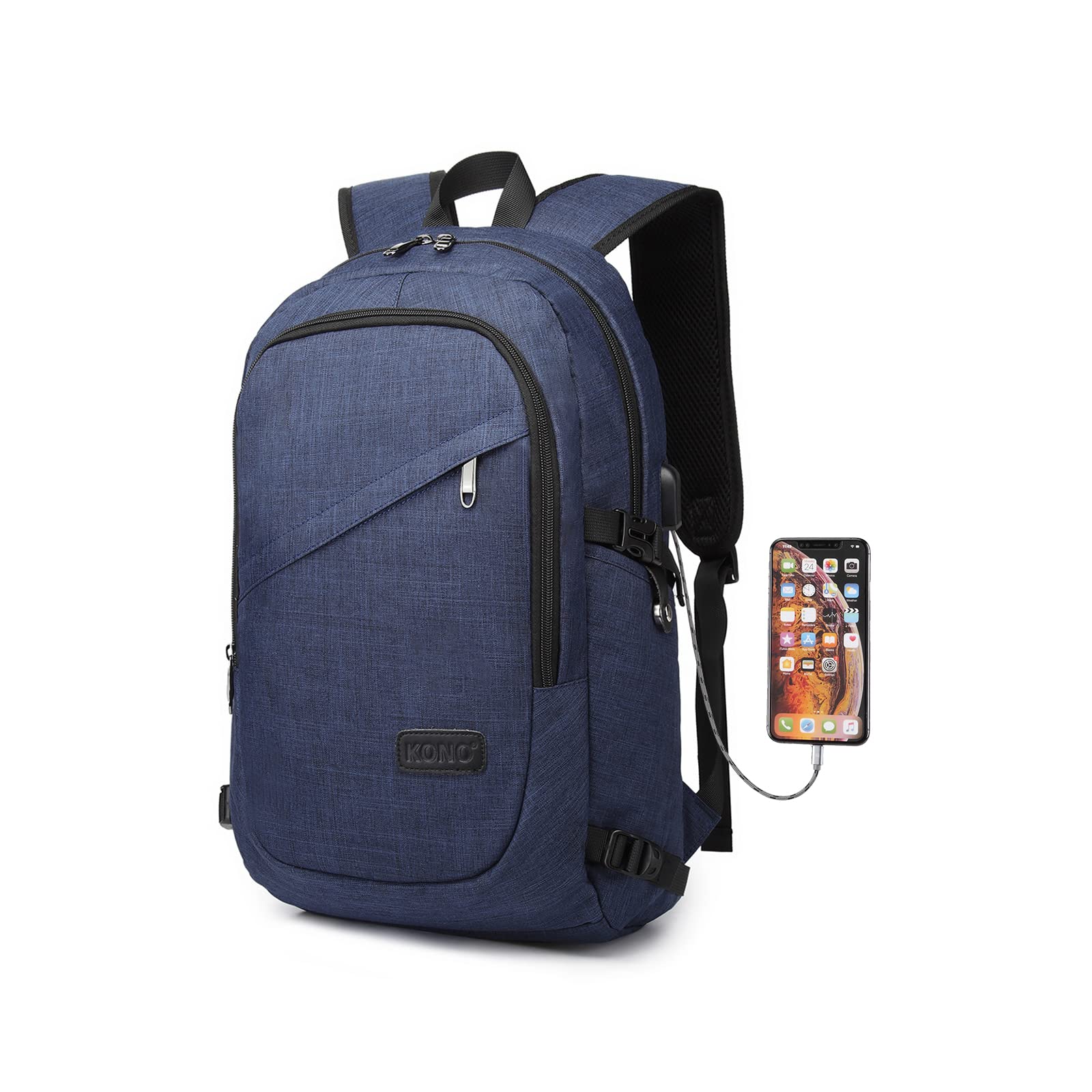 Kono Travel Laptop Backpack - Anti-Theft Business & College School Backpack for Men & Women with USB Charging Port, Water-Resistant, Fits 15.6 Inch Laptop & Notebook, Navy - Perfect for Commuting, Travel & Campus Life