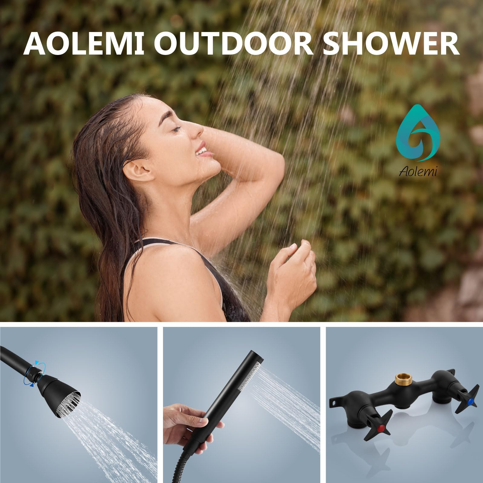 Aolemi Matte Black Wall Mount Outdoor Shower Kit with Handheld Spray - 6 Inch Center Exposed Double Handle Faucet System - Perfect for Poolside, Beach House, Garden & Backyard Use