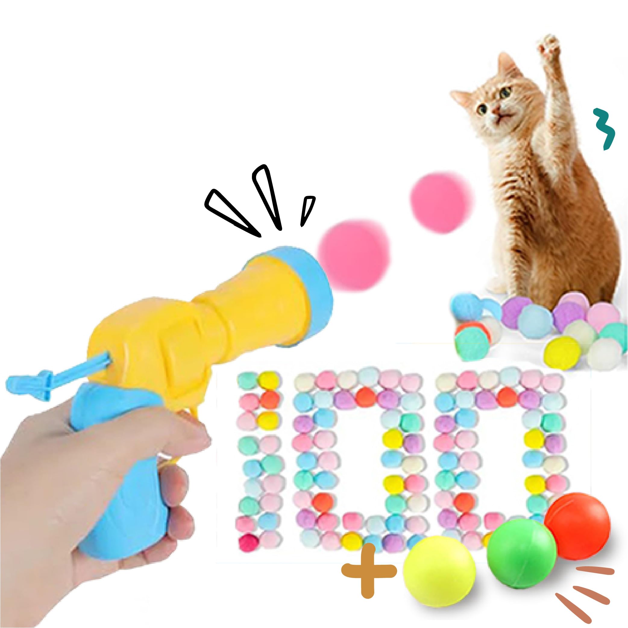 Interactive Cat Toys for Indoor Cats - 1pc Cat Toy Gun, 100 Pom Pom Balls & 3 Bouncing Balls | Automatic Ball Launcher for Fun & Exercise - Perfect for Playtime, Training & Keeping Cats Active at Home