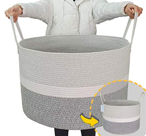 LANGYASHAN Extra Large Woven Cotton Rope Storage Basket - 21.65 x 13.78 Inches - Decorative Blanket & Toy Organizer for Living Room, Nursery, Bedroom - Perfect for Sofa Throws, Towels, Laundry Hamper with Handles (3 Color Options)