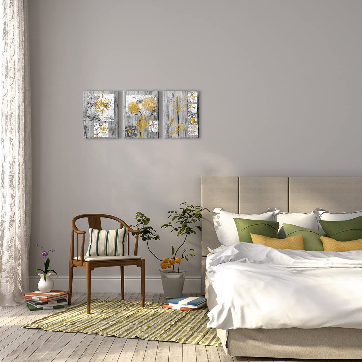 Kalormore Abstract Yellow Flowers Canvas Wall Art - Dandelion Painting Giclee Prints with Rustic Grey Background - Floral Home Decor for Living Room, Bedroom & Office