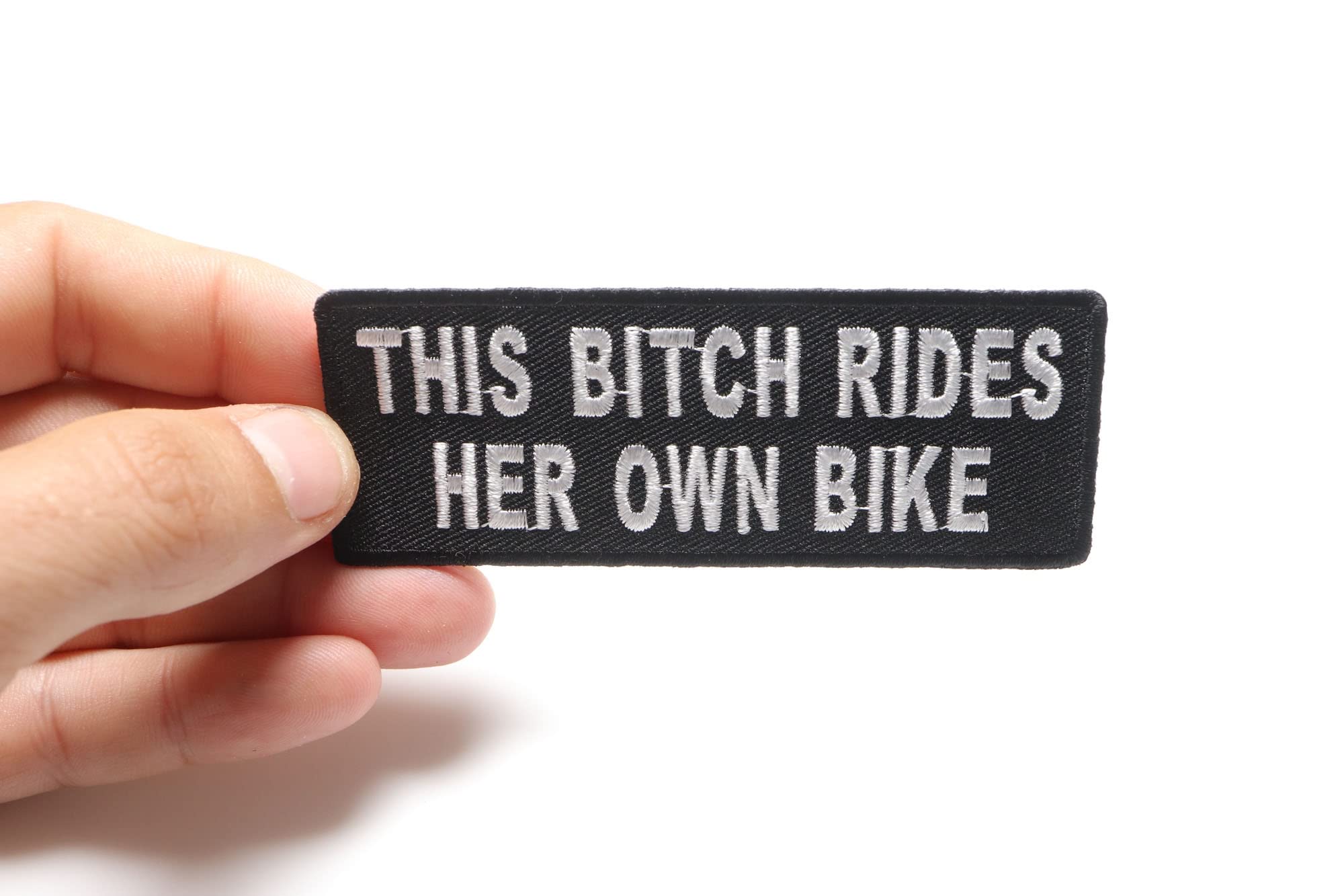 Biker Patch - 'This Bitch Rides Her Own Bike' Embroidered Iron-On Patch for Motorcycle Vests & Jackets - Perfect for Biker Gangs, Motorcycle Clubs & Rebel Fashion