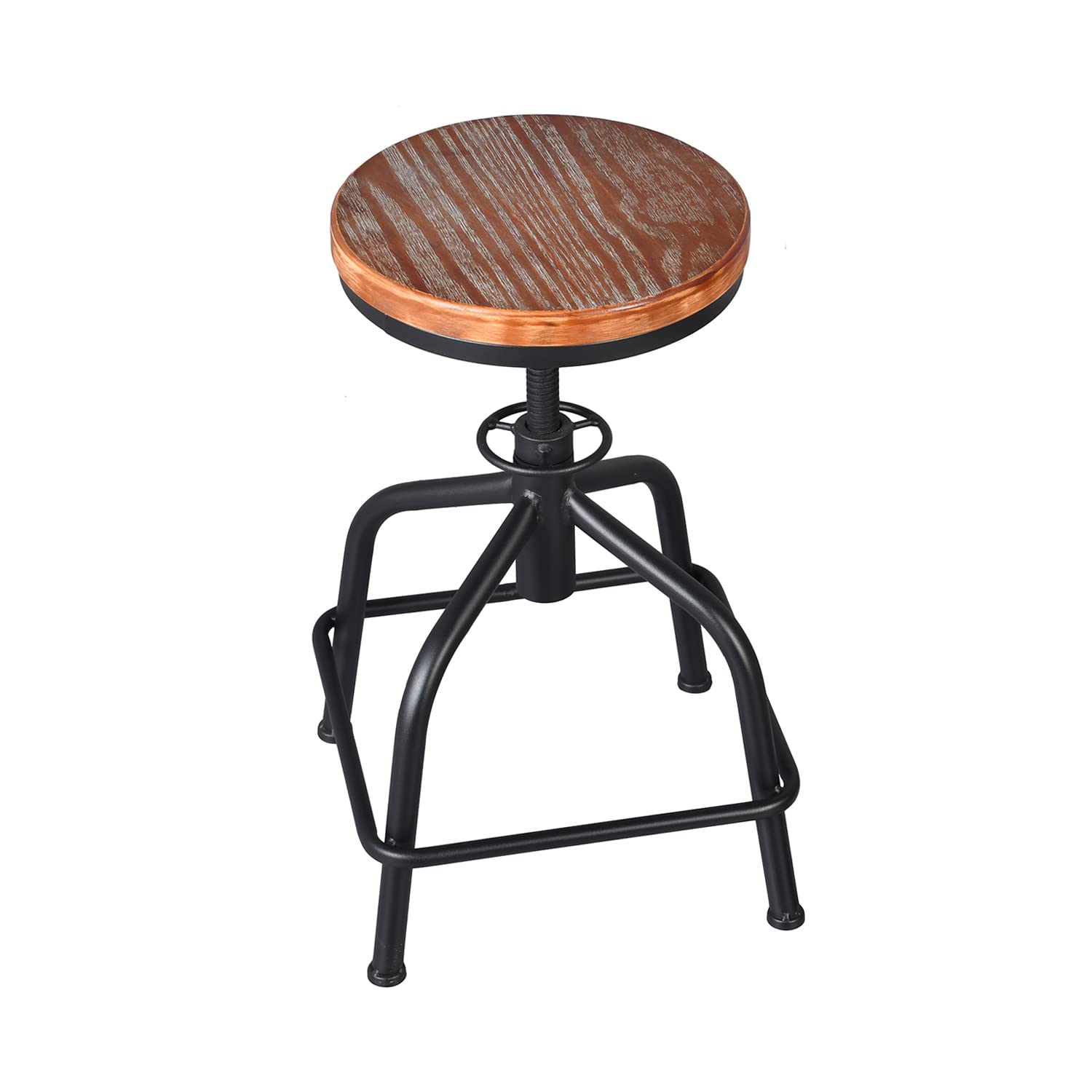 Topower Farmhouse Kitchen Stool Set of 2 - Adjustable Height Industrial Counter Stool with Swivel Base, Black Wooden Seat for Bar, Kitchen Island & Dining Room Decor