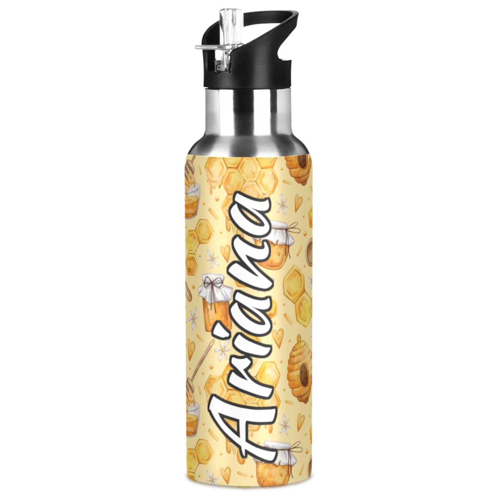 Custom Personalized 20oz Honey Bee Insulated Water Bottle with Straw Lid - Leakproof Stainless Steel Sports Bottle for Hiking, Gym, Outdoor Activities & Daily Use