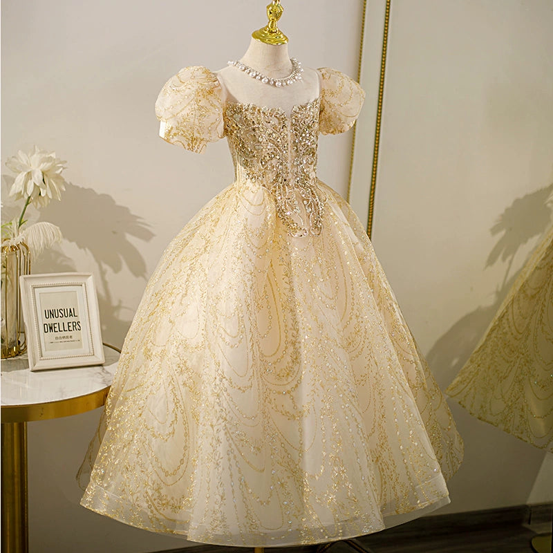 Gold Princess Jewel Neck Floor Length Sequined Flower Girl Dress for Weddings, Pageants & Special Occasions