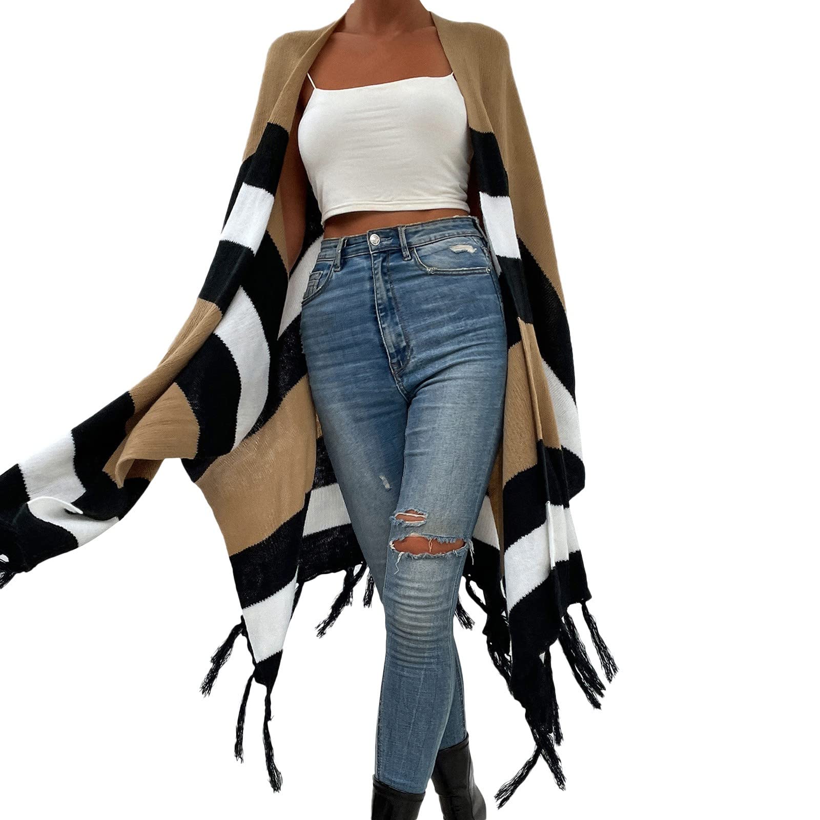 Women's Striped Fringe Cardigan Sweater - Elegant Contrast Shawl Cape for Casual & Dressy Outfits | Perfect for Office, Date Night & Fall Layering