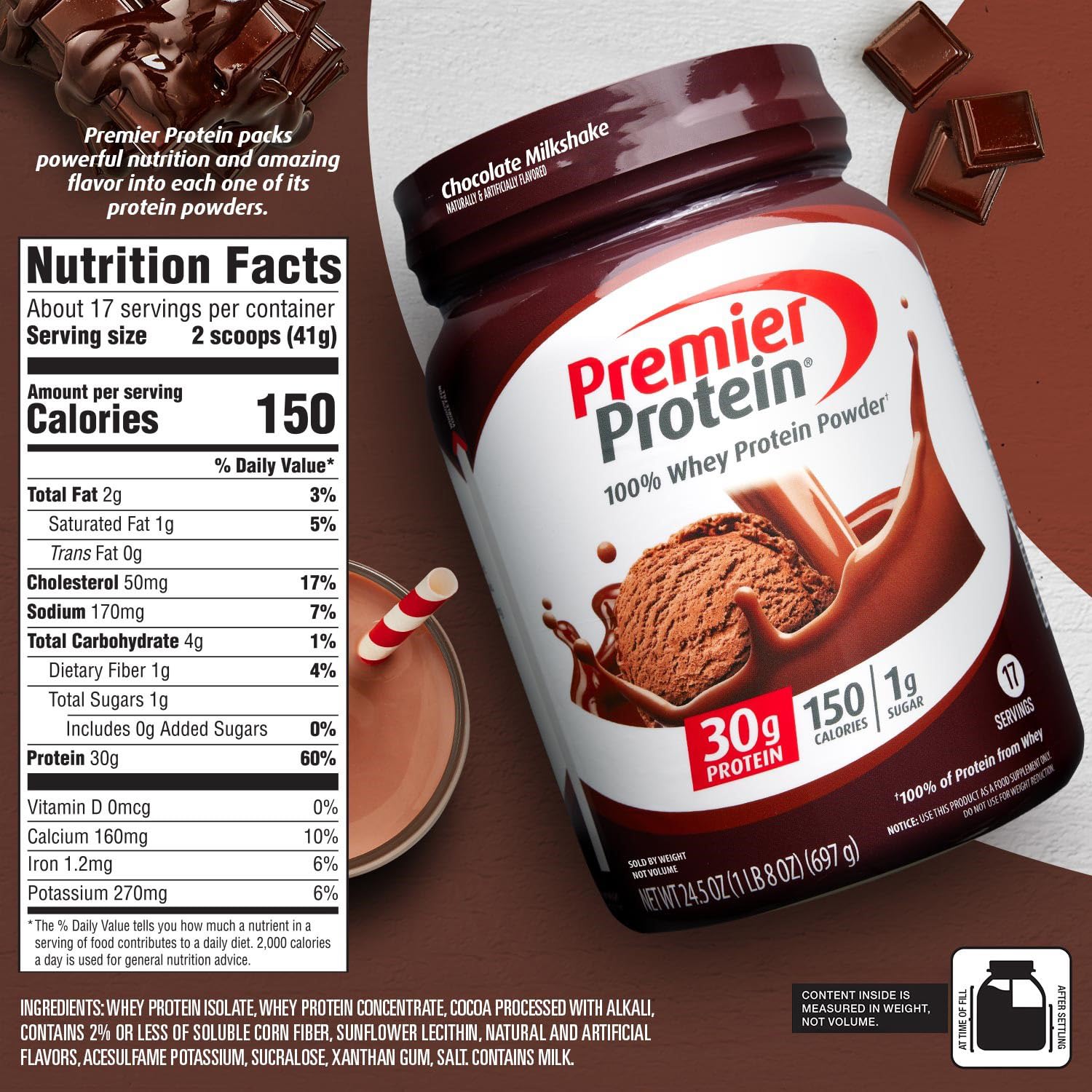 Premier Protein Powder - Chocolate Milkshake Flavor, 30g Protein, 1g Sugar, 100% Whey Protein, Keto Friendly, Gluten Free, No Soy Ingredients, 24.5oz (Pack of 1) - Perfect for Post-Workout Recovery, Weight Management & Healthy Smoothies