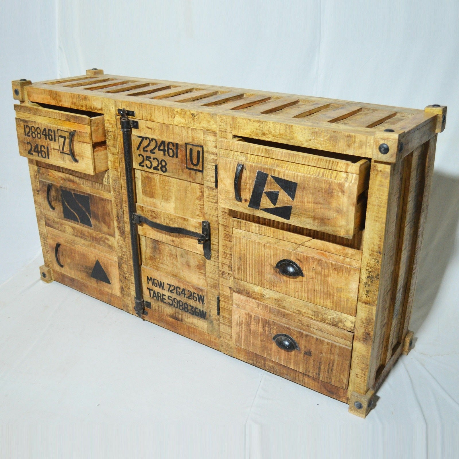 Earth Wood Container Style Sideboard - Honey Brown Solid Wood Buffet Cabinet 140x40x80cm - Perfect for Dining Room Storage & Living Room Organization