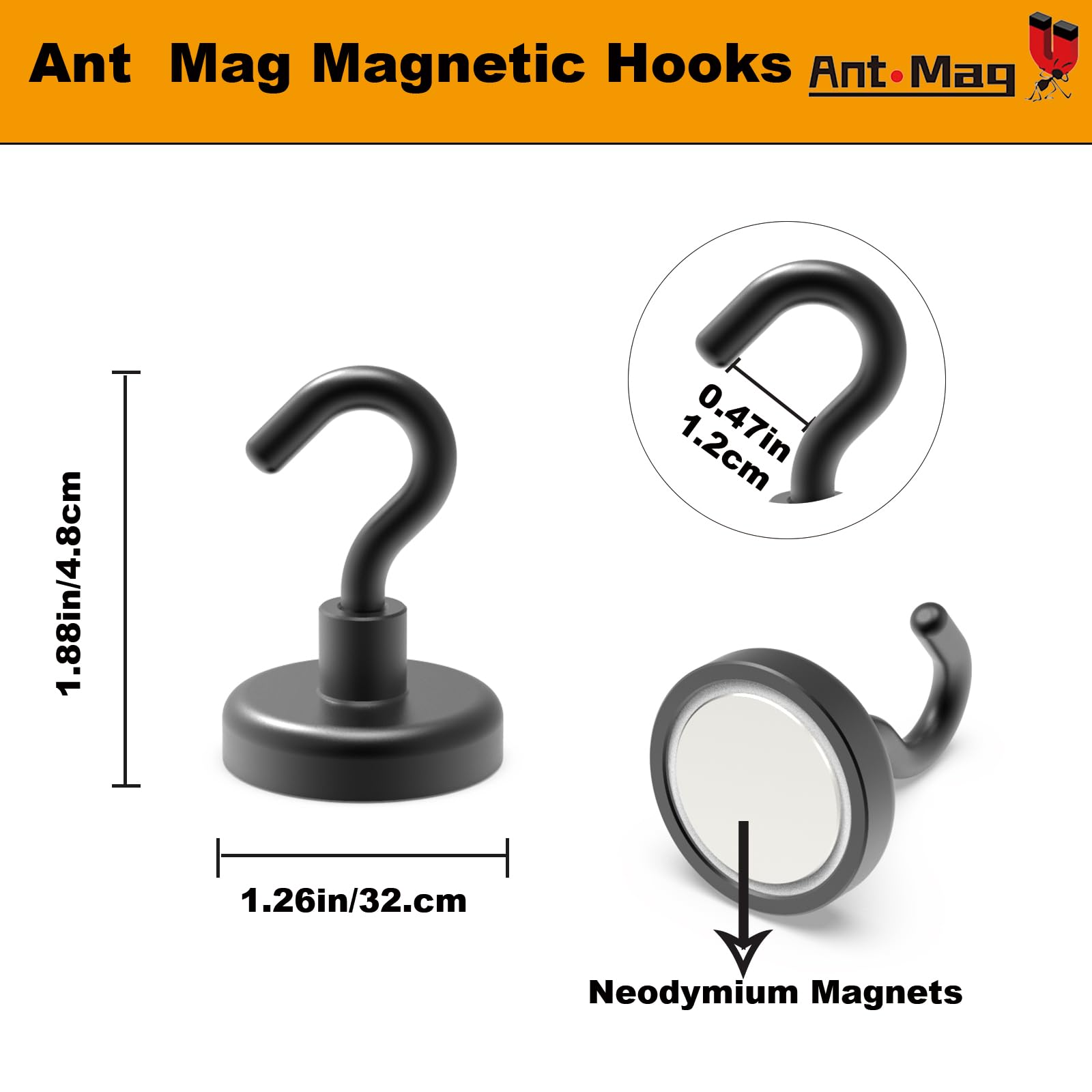 Ant Mag Strong Neodymium Magnet Hooks - 80LBS Heavy Duty Hanging Hooks for Kitchen, Office, Home & Workplace (Pack of 4) - Perfect for Organizing Tools, Keys, Utensils & Decor
