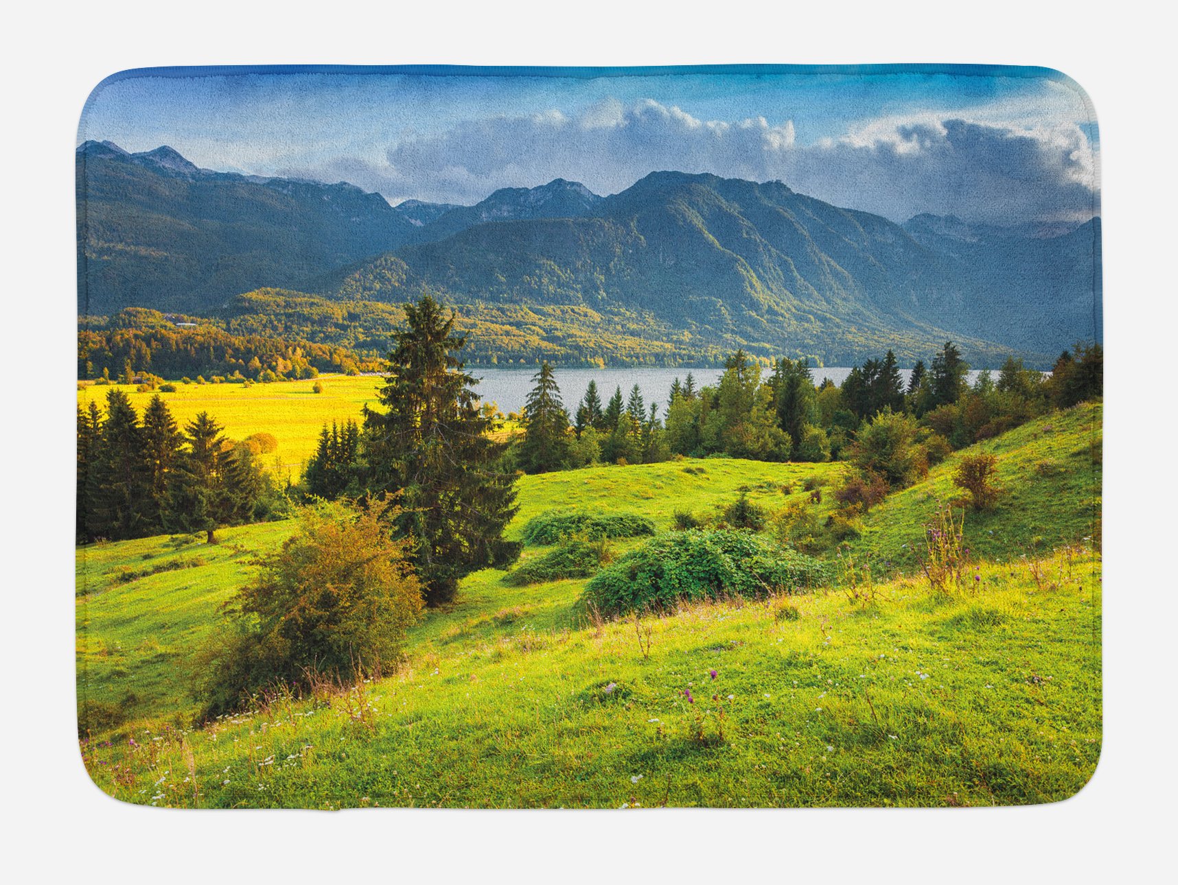 Ambesonne Non-Slip Plush Bath Mat - Slovenia Bohinj Lake Summer Morning Landscape, Green Blue Yellow Nature Design, 30.2