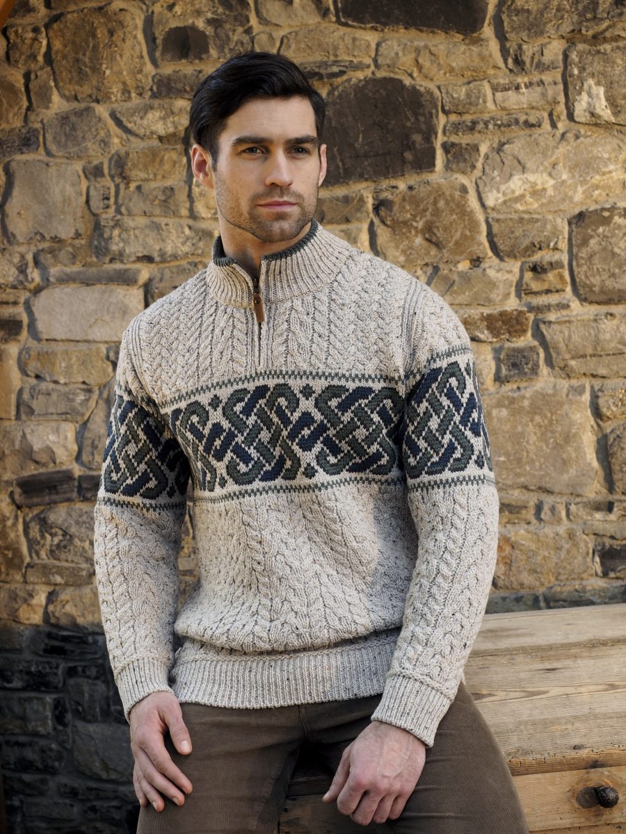 Aran Half Zip Jacquard Sweater for Men & Women | Irish Knit Pullover | Cozy Winter Wear for Outdoor Activities & Casual Outfits
