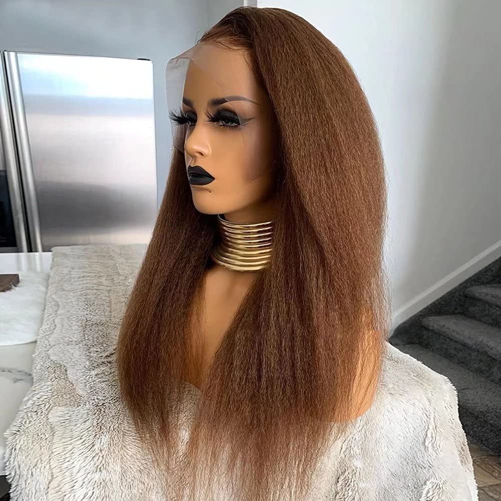 Imeya 13x6 HD Lace Front Human Hair Wig - 16 Inch Brown Kinky Straight Brazilian Yaki Wig for Black Women | Pre-Plucked with Baby Hair, 150% Density | Perfect for Daily Wear, Special Occasions & Protective Styling