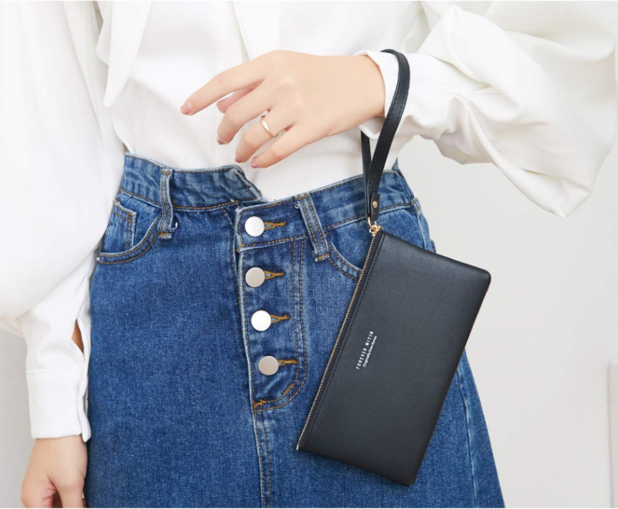 Women's Faux Leather Long Wallet Wristlet Handbag with Touch Screen Clear Phone Window - RFID Blocking, Multi Card Slots & Zipper Pocket - Perfect for Travel, Shopping & Everyday Use (Black)