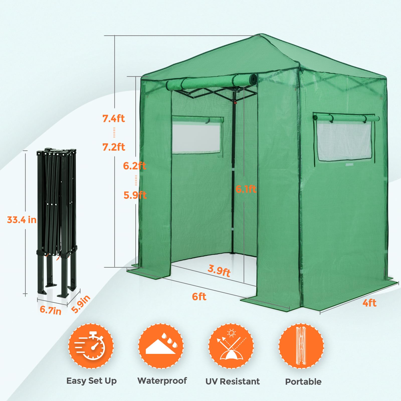 EAGLE PEAK 6x4 ft Portable Walk-in Greenhouse for Indoor & Outdoor Gardening - Pop-Up Plant Greenhouse with Zippered Door & Windows, PE Cover (Green) - Perfect for Seed Starting, Plant Protection & Year-Round Gardening