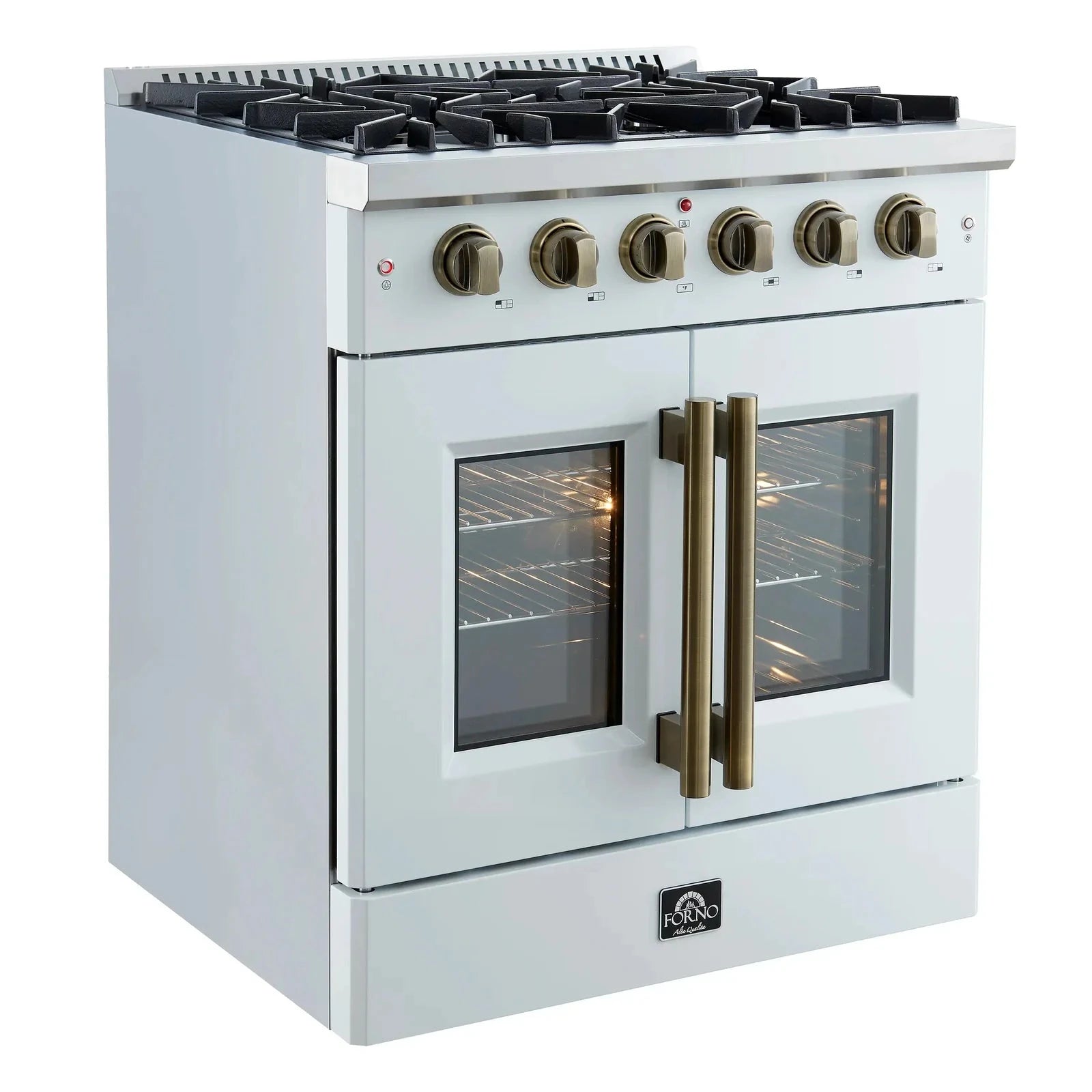 Forno Galiano 30-Inch Freestanding All Gas Range with French Doors - White Finish & Antique Brass Trim (Model FFSGS6444 30WHT) | Perfect for Modern Kitchens, Home Chefs & Gourmet Cooking