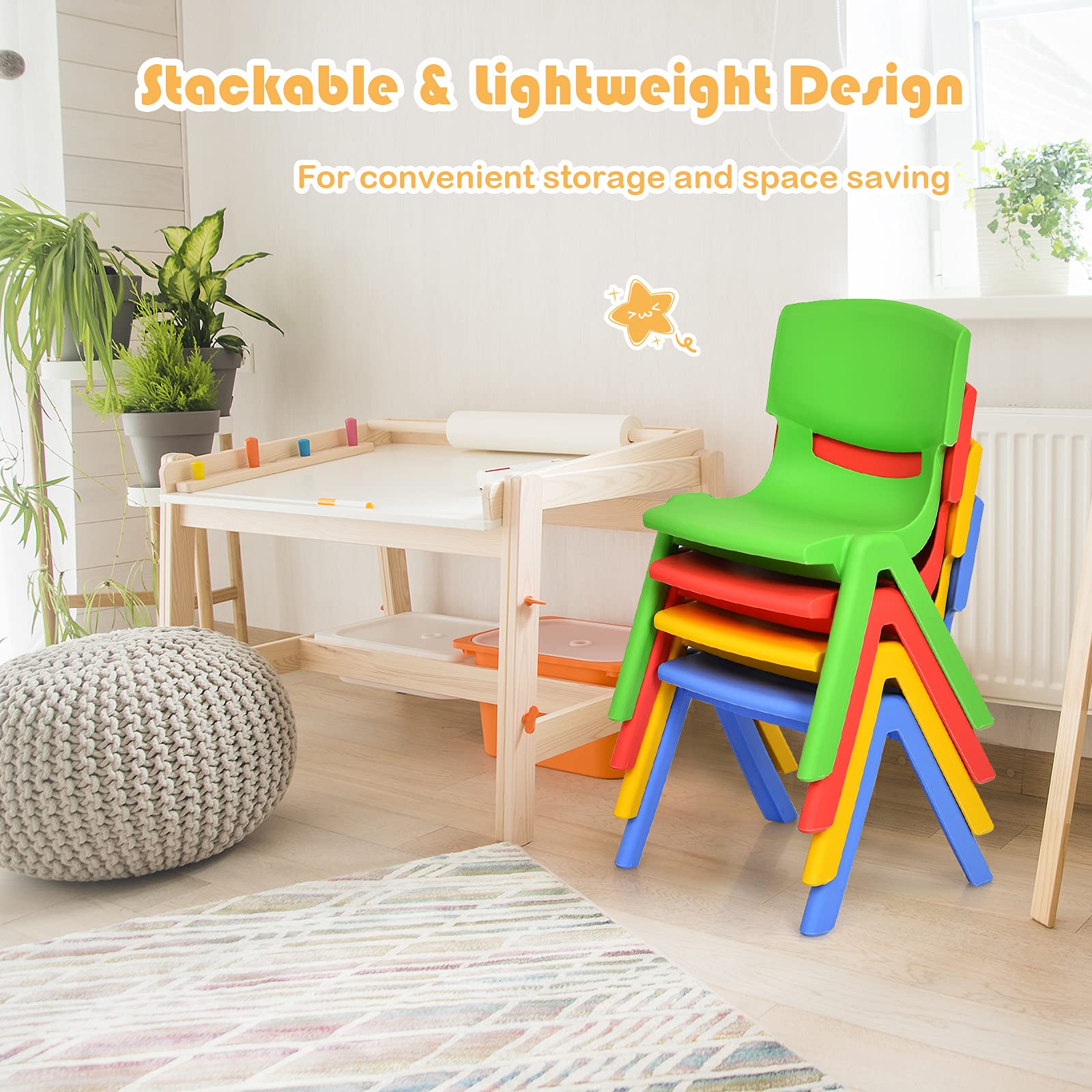 KOTEK Kids Plastic Table and Chair Set - 4 Stackable Chairs with Green Activity Table, Colorful Playroom Furniture for Learning & Fun | Perfect for Preschool, Daycare & Home Play Areas