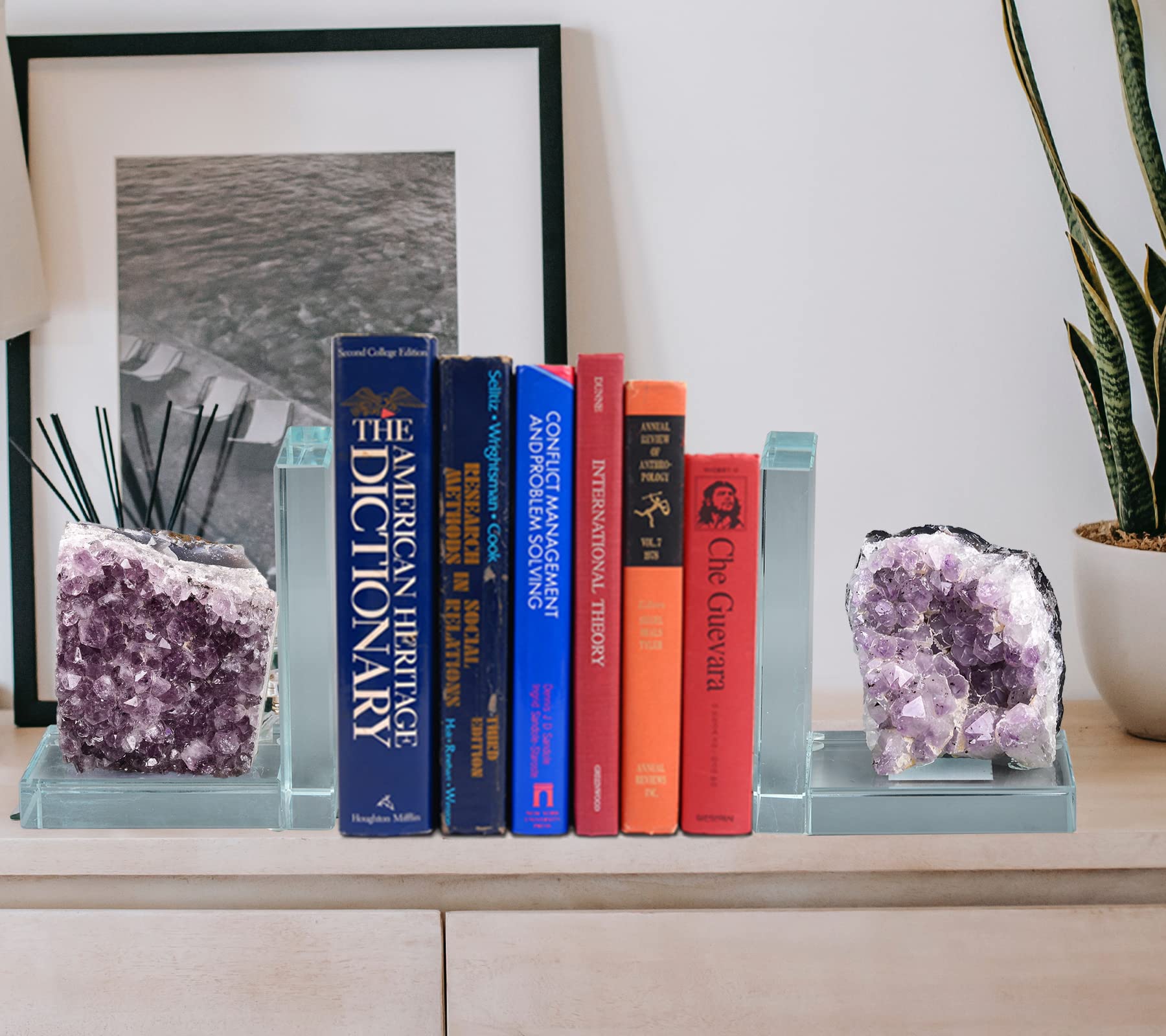 AMOYSTONE Heavy-Duty Amethyst L-Shaped Glass Bookends (1 Pair, 4-6 LBS) – Stylish Decorative Book Holders for Shelves with Non-Slip Base, Perfect for Home Office, Library & Bookshelf Organization