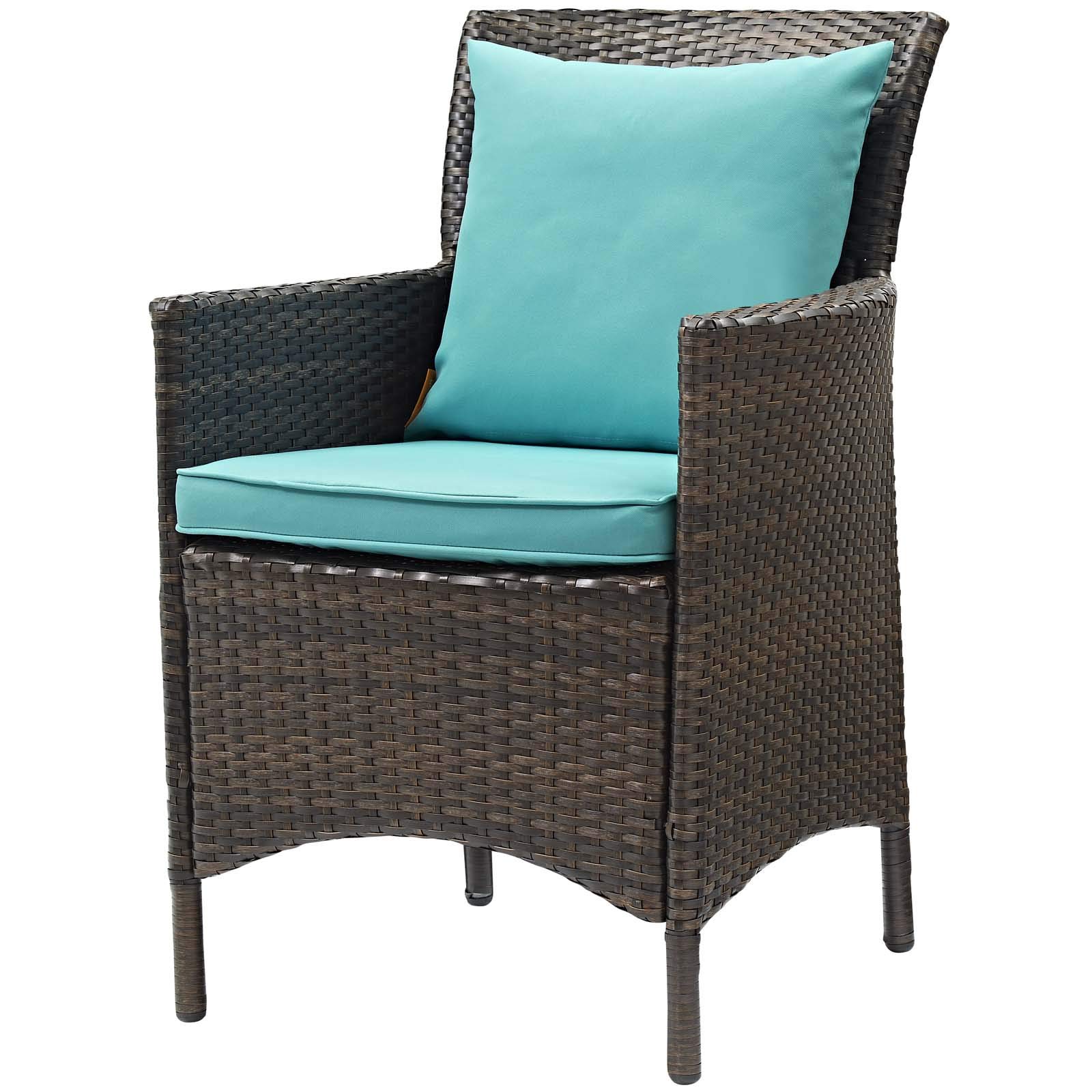 Modern Contemporary Outdoor Patio Dining Chair - Rattan Wicker Armchair for Balcony, Side Seating - Blue & Brown - Perfect for Garden, Poolside, and Backyard Relaxation