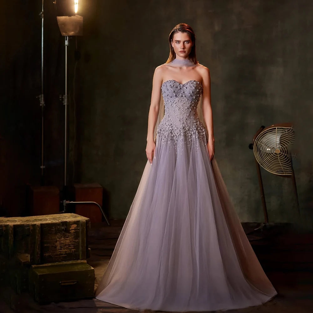 Elegant Dubai Arabic Lilac Beaded A-Line Evening Gown LA72832 - Formal Party Dress for Weddings, Galas & Special Occasions