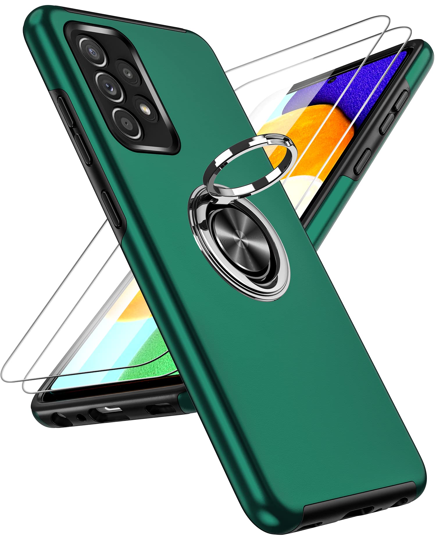 Shockproof Samsung Galaxy A52 5G Phone Case with [2 Pack] Tempered Glass Screen Protector - Slim Protective Cover with Ring Holder Kickstand for Galaxy A52 5G/A52S (Green) | Perfect for Outdoor Activities, Work & Daily Use