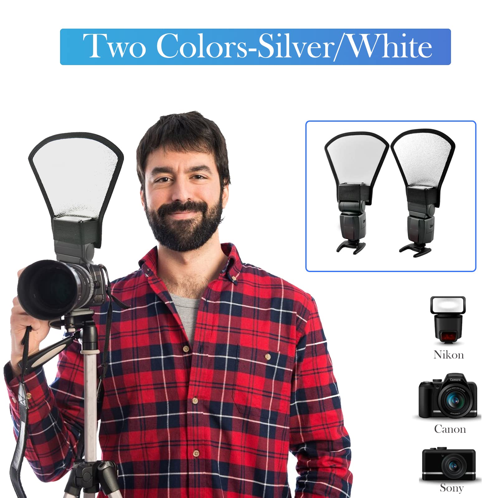 2 Pack Universal Camera Flash Diffuser Reflector Cap - Silver/White Bounce Diffuser with Elastic Band for Canon, Nikon, Sony, Metz Speedlights | Perfect for Portrait, Wedding & Studio Photography