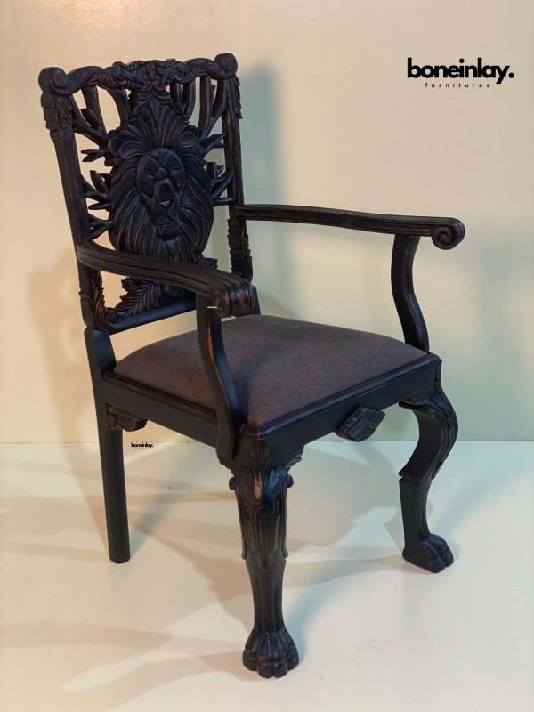 Hand Carved Black Lion Dining Chair - Solid Wood Animal Print Accent Chair for Dining Room, Living Room, or Home Office - Perfect for Farmhouse, Bohemian & Eclectic Decor Styles