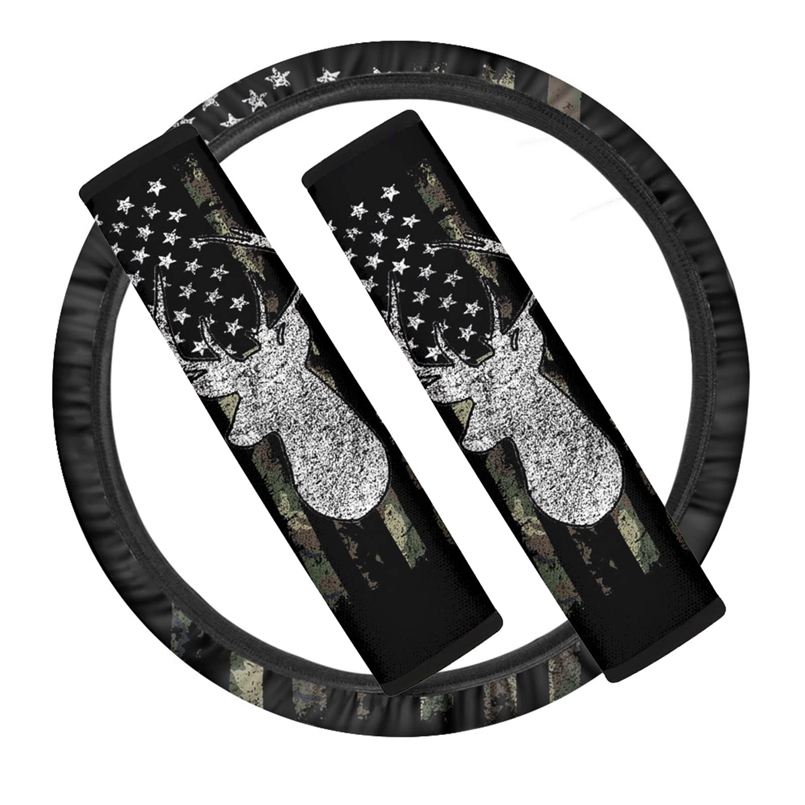 FKELYI American Flag Army Green Camo Deer Hunting Steering Wheel Cover Set - 3pcs Non-Slip Wheel Protector with Seat Belt Pads for Men & Women - Perfect for Off-Road Trucks, Jeep Wrangler & Hunting Vehicles