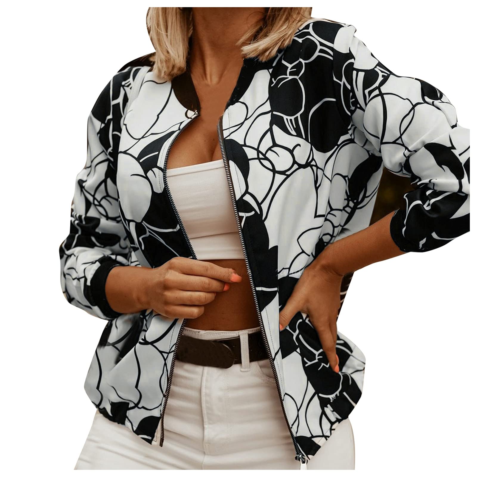Women's Lightweight Casual Full Zip Printed Jacket - Stylish Short Outerwear for Teen Girls & Ladies - Perfect for Spring, Fall & Everyday Wear
