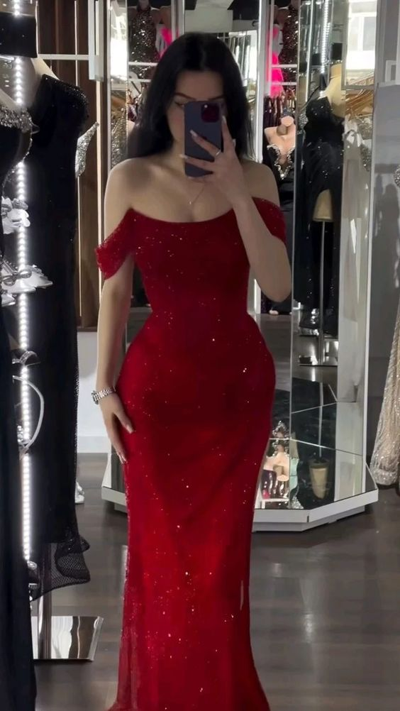 Elegant Mermaid Sparkling Red Off-The-Shoulder Long Prom Formal Dress J4387 for Evening Gala, Homecoming Dance & Special Occasions