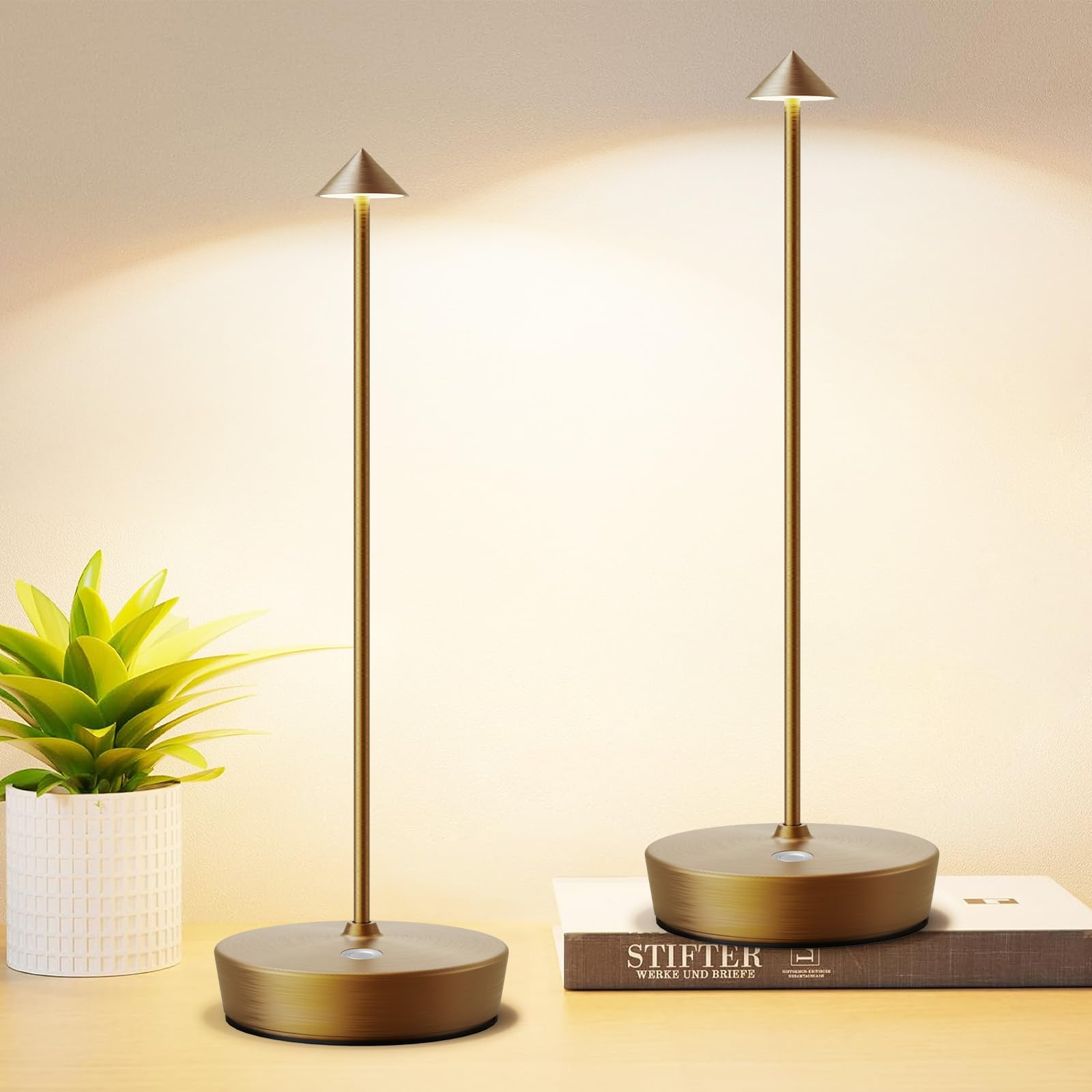 Rechargeable Cordless LED Table Lamp Set of 2 - 6000mAh Battery Operated Desk Light with Touch Control, 3 Color Temperatures & Dimmable - Waterproof Portable Lighting for Home, Patio, Restaurant, Dining Room, Camping & Outdoor Use (Bronze)