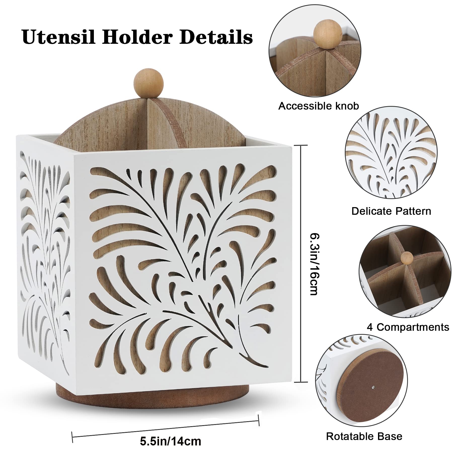 360° Rotating Wooden Kitchen Utensil Holder - Countertop Organizer for Spoons, Knives, Forks - 5.5