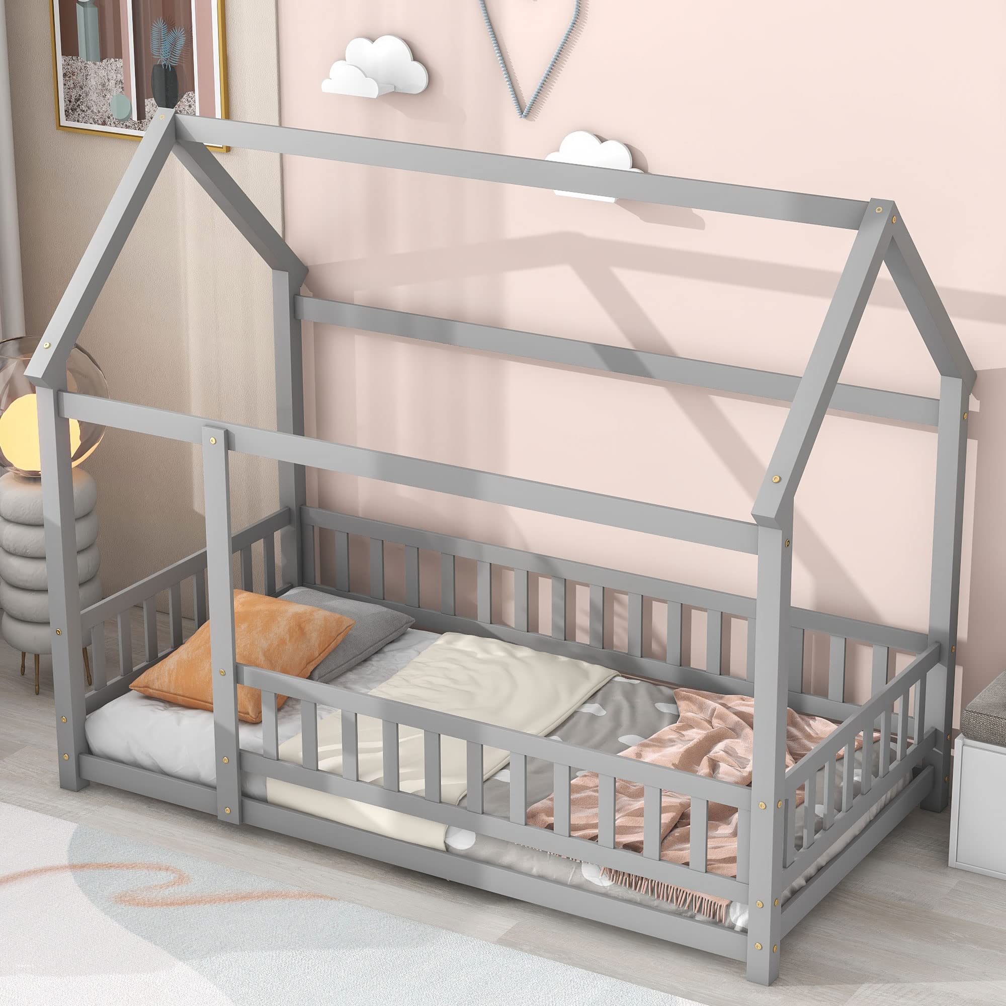 **Wooden Twin House Bed Frame for Kids with Fence & Door - No Box Spring Needed (Gray) - Perfect for Bedrooms, Playrooms & Themed Decor**