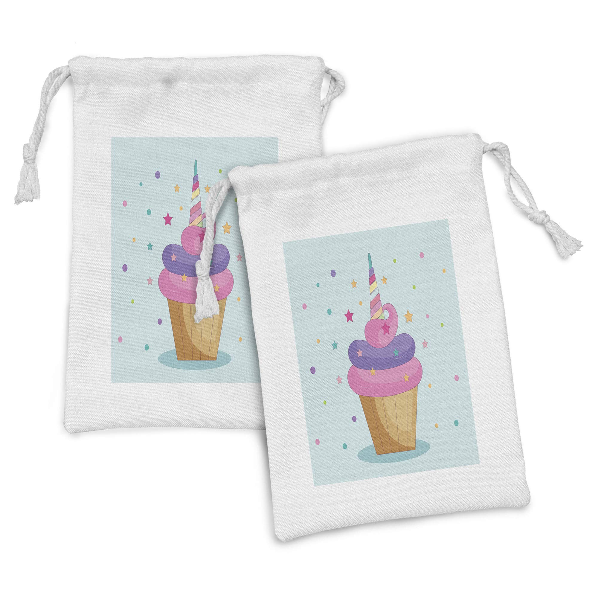 Ambesonne 2-Pack Unicorn Cupcake Fabric Drawstring Pouches - Fantasy Rainbow Horn with Stars & Dots Design - 9