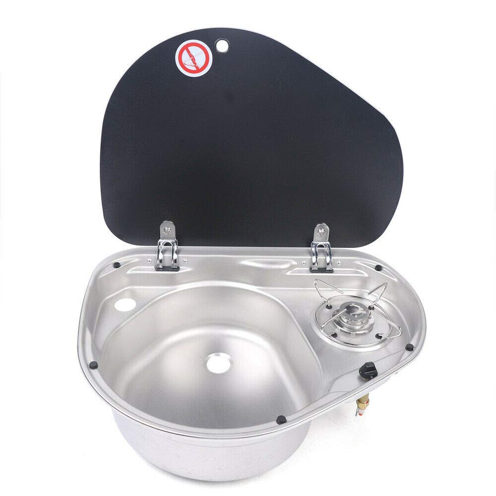 GR-600L Black Glass LPG Gas Stove Hob with Sink Combo & Glass Lid - Portable RV Camper Boat Caravan Cooktop for Outdoor Camping, Travel & Off-Grid Living