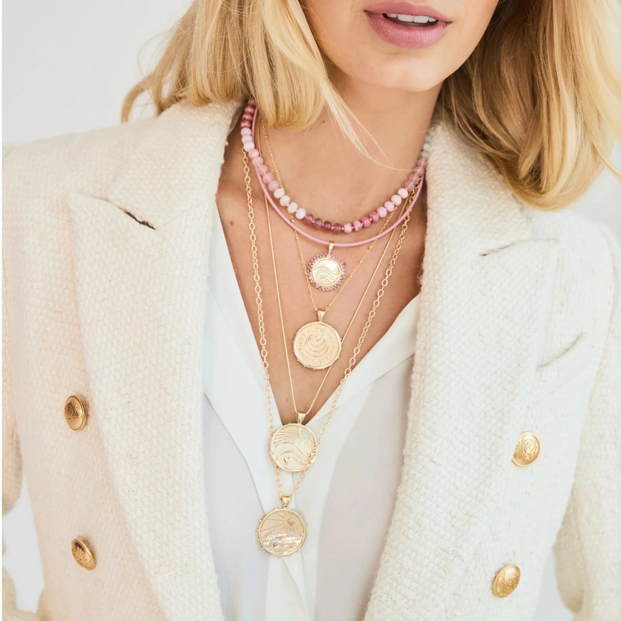 Jane Win Pink Ombre Carved Stone Beaded Necklace for Women - Handmade Boho Chic Jewelry Gift for Birthday, Anniversary & Special Occasions