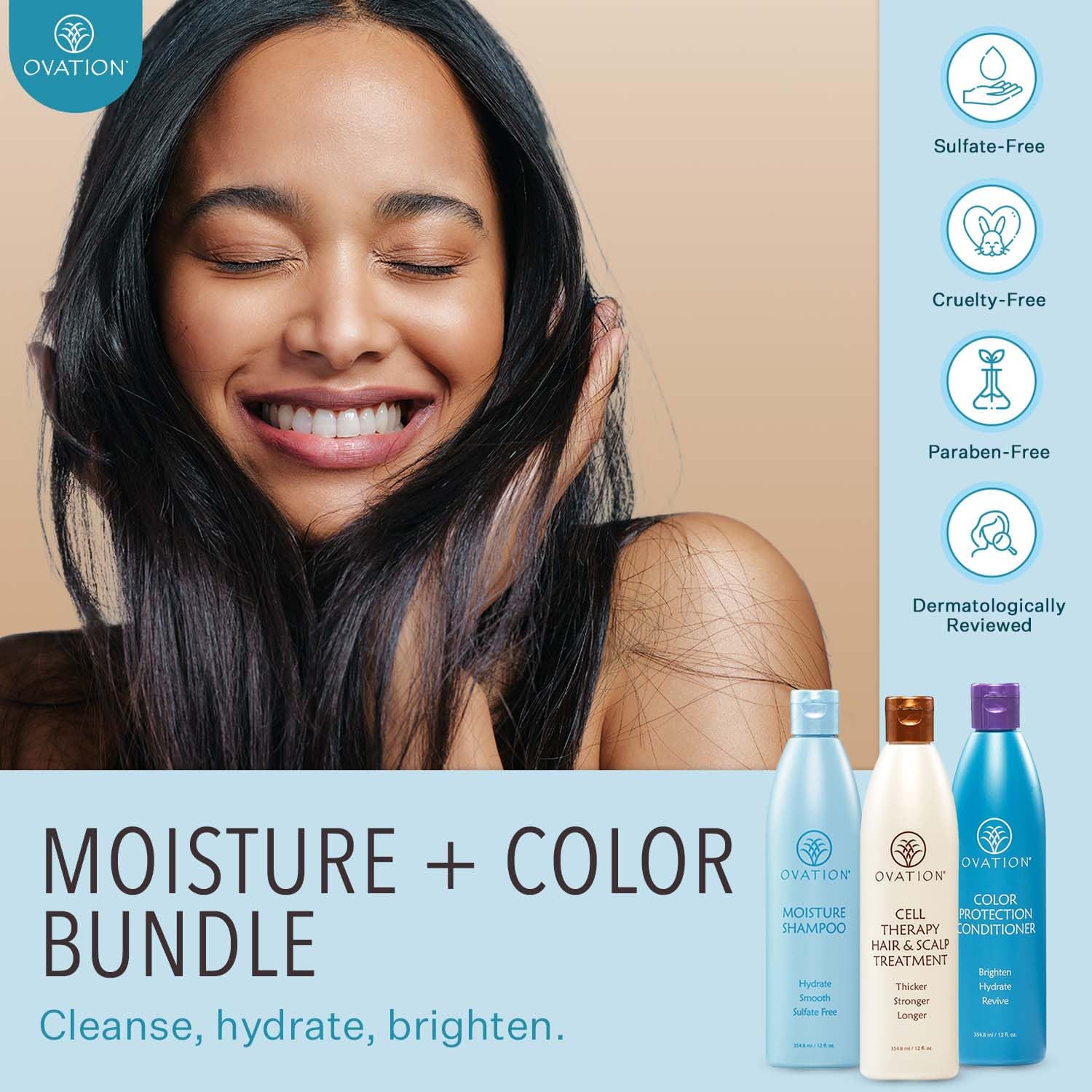 Ovation Hair 3-Step Bundle for Dry, Color-Treated Hair - Moisturizing Shampoo, Hair Growth Therapy & Scalp Treatment, Color-Safe Conditioner - Brighten & Hydrate Bleached/Dyed Hair - Perfect for Damaged Hair Repair & Daily Hair Care Routine