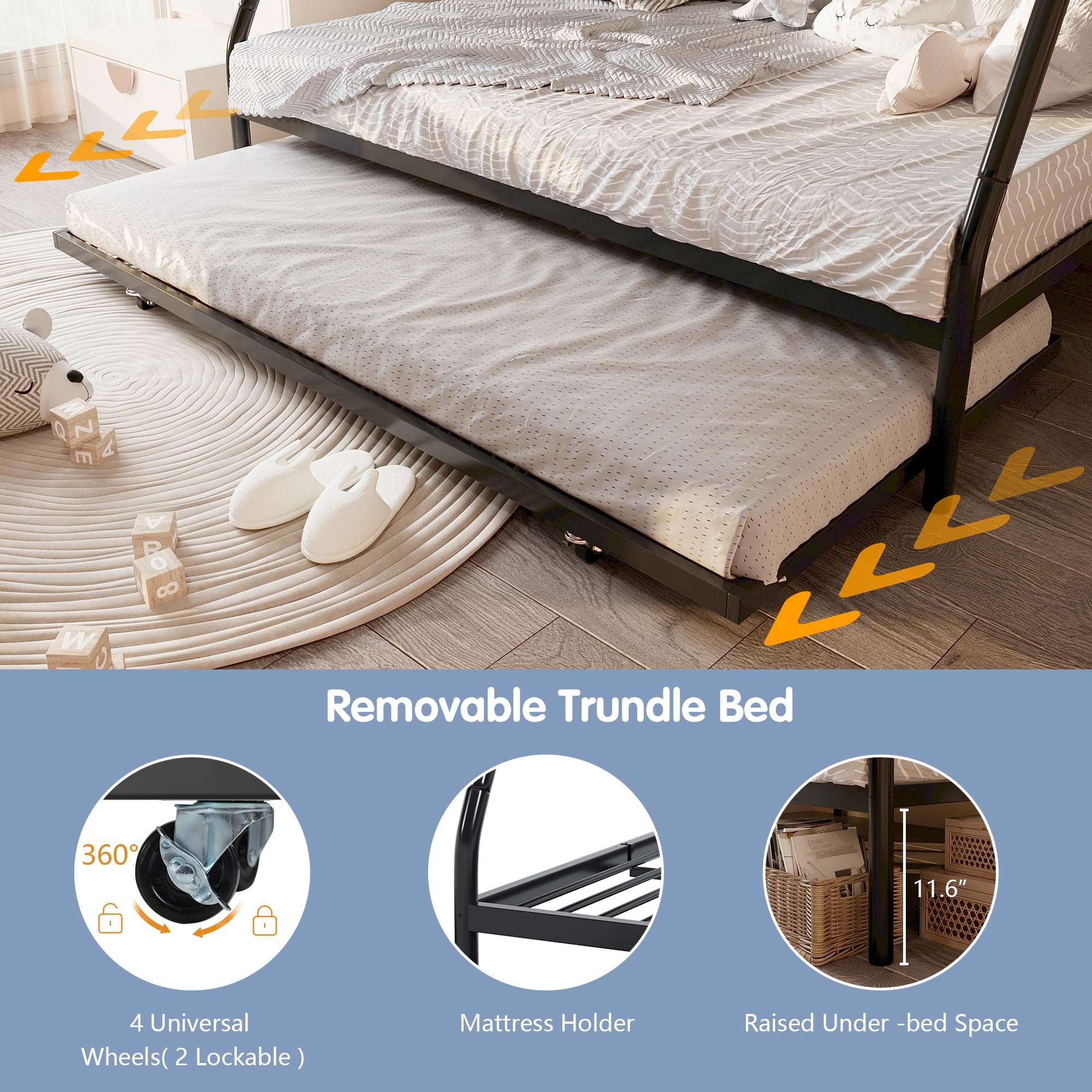 Metal Twin Over Full Bunk Bed with 2 Secure Ladders & Trundle - Space-Saving Loft Bed Frame with Safety Rail & Noise-Free Design for Small Bedrooms - Perfect for Kids Rooms, Guest Rooms & Dormitories - Black