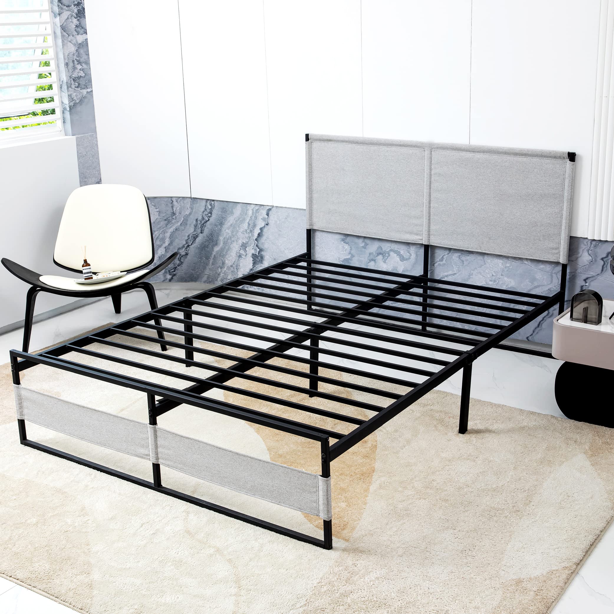 MLILY Full Size Metal Platform Bed Frame - 14 Inch Sturdy Steel Frame with Under Bed Storage & Headboard, Heavy Duty Slat Support (No Box Spring Needed), Easy Assembly, Grey - Perfect for Small Bedrooms, Guest Rooms & Dormitories