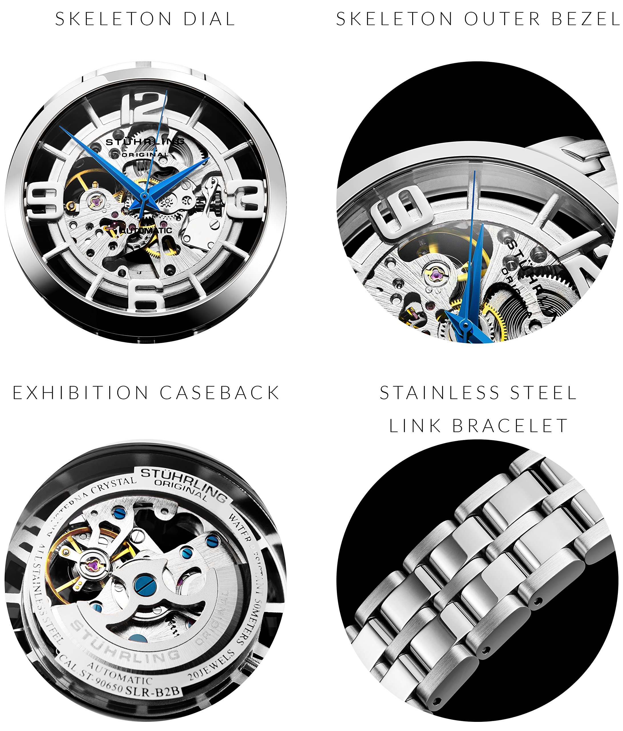 Stuhrling Original Men's Skeleton Automatic Watch - Self-Winding Mechanical Dress Watch - Winchester 44 Elite Silver Watch for Business & Formal Occasions